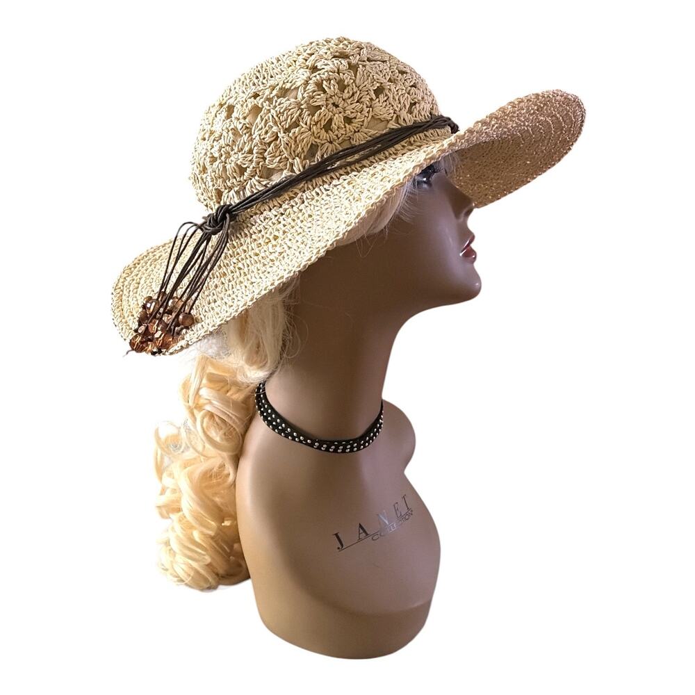 Sun n Sand Crochet Crown Wide Brim Straw Hat with Beads